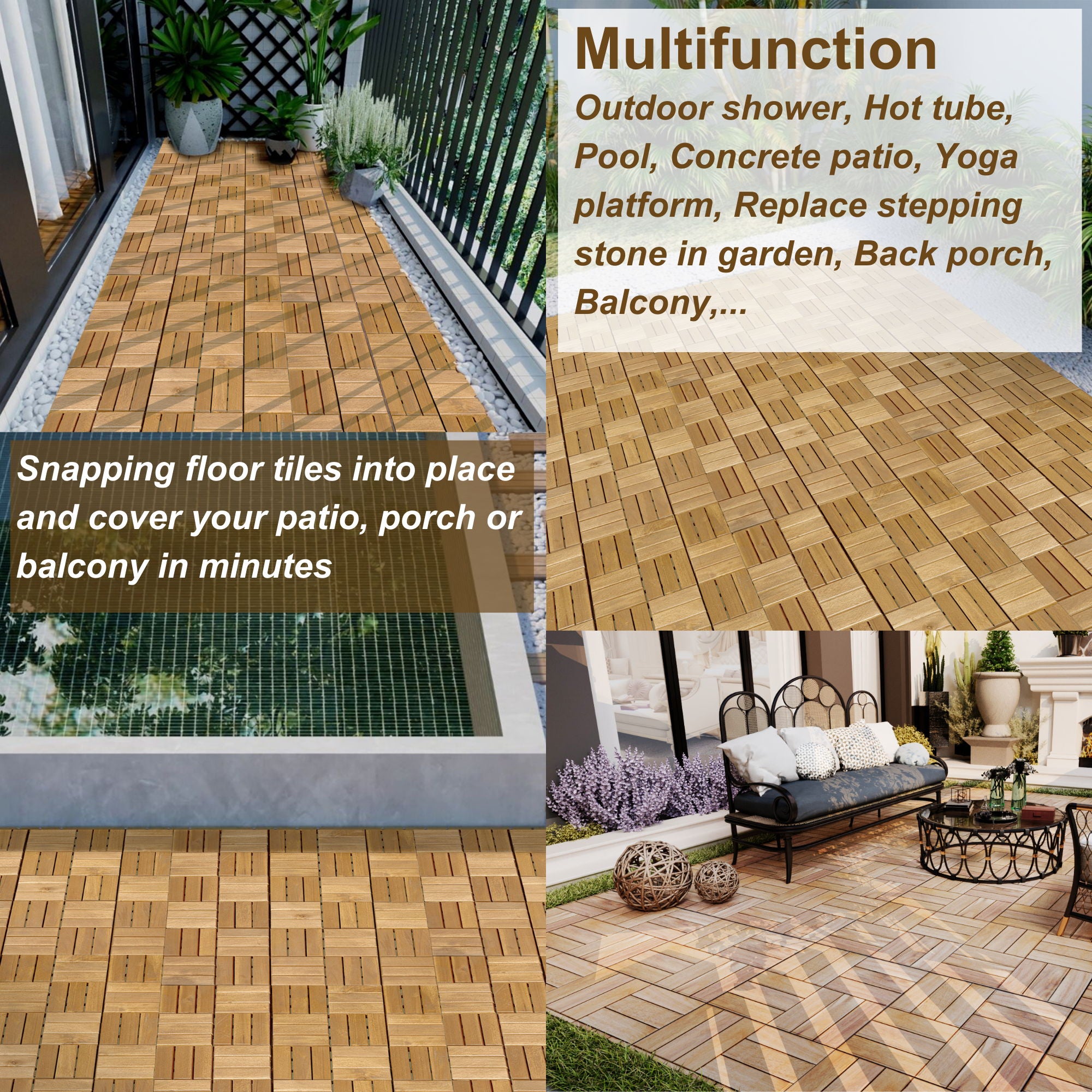 Interlocking Deck Tiles Checker Pattern, Square Acacia Hardwood Outdoor Flooring For Patio, Bancony, Pool Side