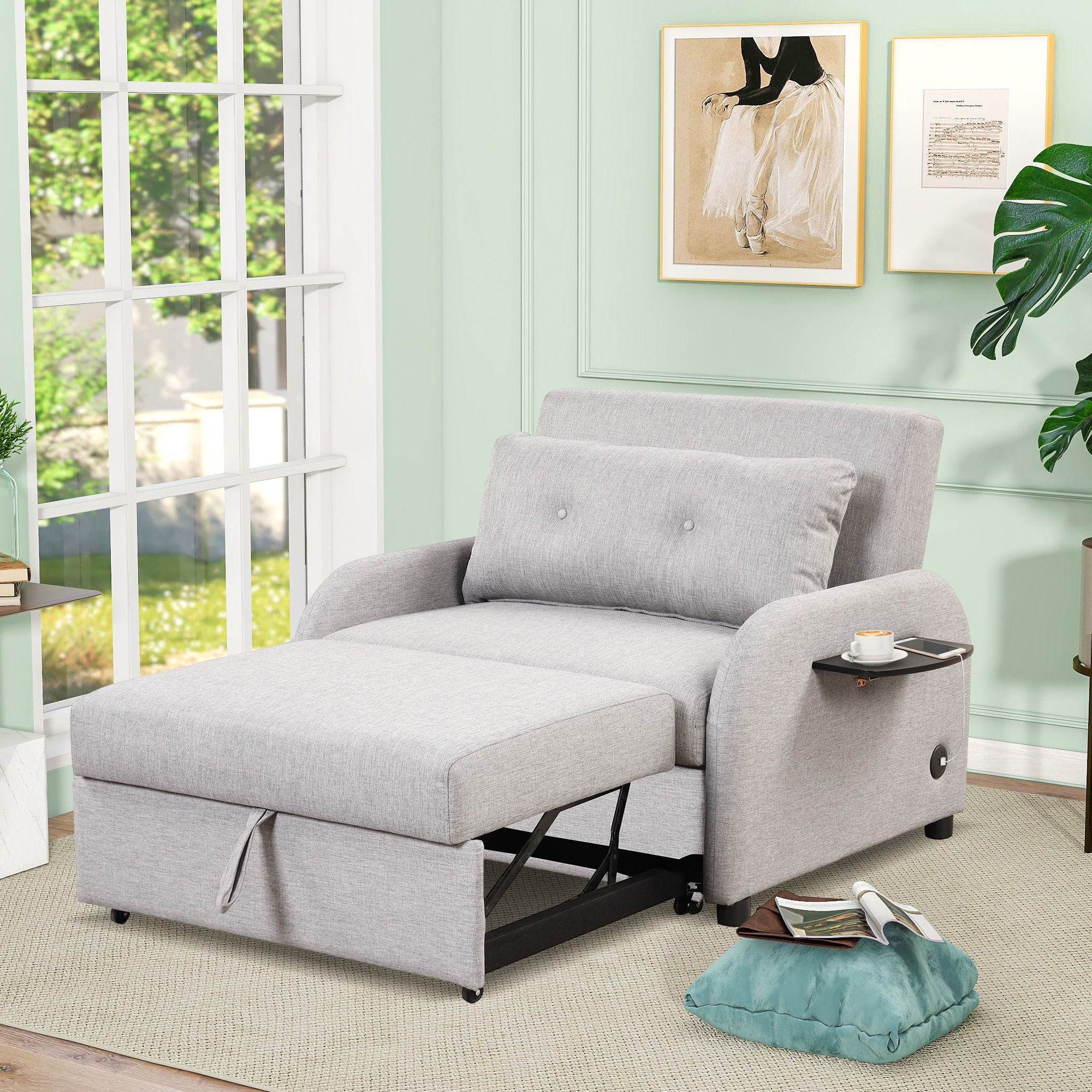 Pull Out Sofa Sleeper 3 In 1 With 2 Wing Table And USB Charge For Nap Line Fabric For Living Room Recreation Room