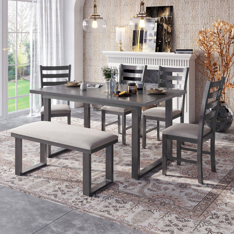 6 Pieces Family Furniture, Solid Wood Dining Room Set With Rectangular Table & 4 Chairs With Bench - Gray