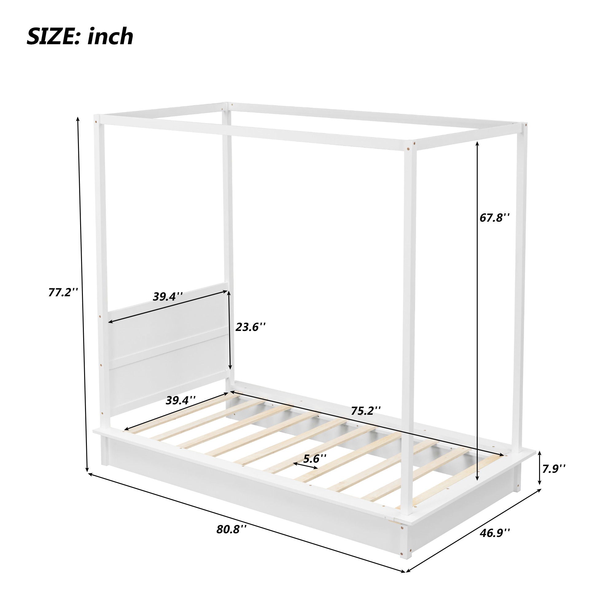 Wood LED Canopy Bed, Canopy Platform Bed With Support Slats, No Box Spring Needed