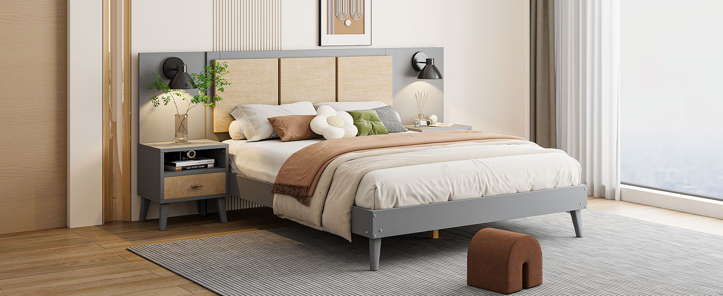 Solid Wood Bed Frame With 2 Nightstands, Elegant Design With Lamps, Rattan And Wood Combination