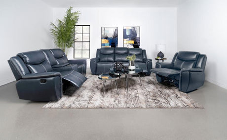 Sloane - Upholstered Reclining Sofa Set Blue 3 Pc. Sofa, Loveseat, Chair by Coaster Fine Furniture | Bel Furniture
