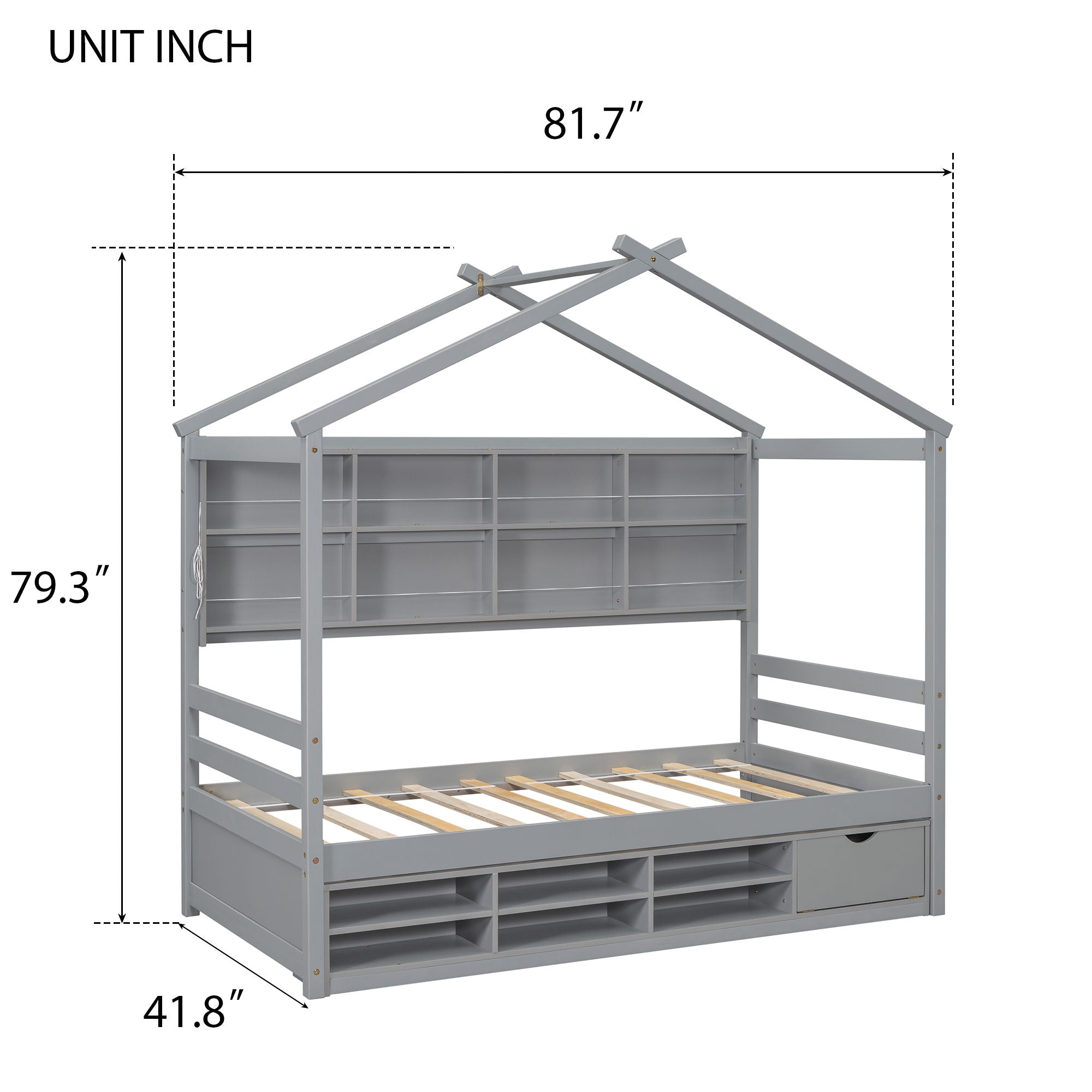 House Bed With Roof Frame, Bedside-Shelves, Under Bed Storage Unit