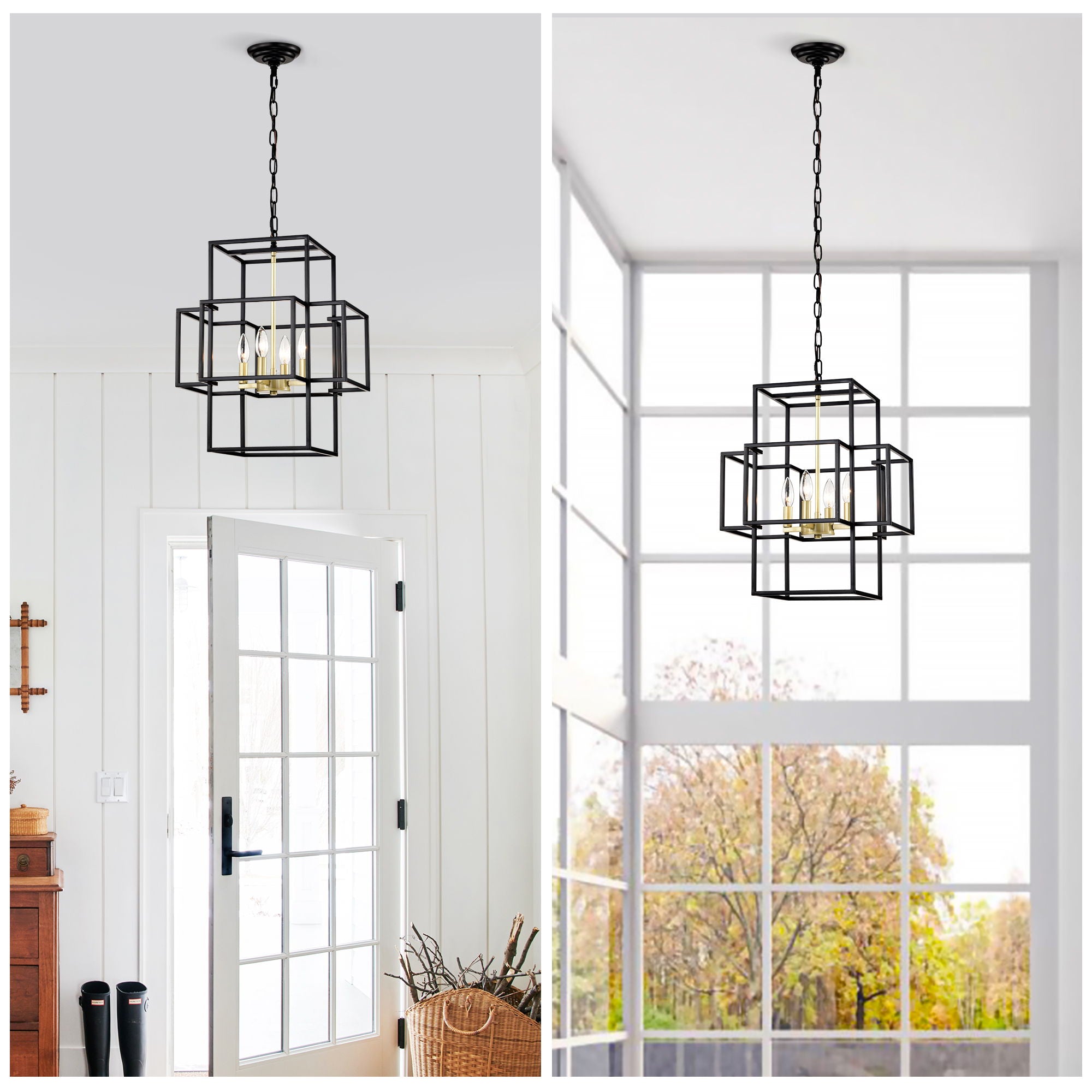 4 Light Metal Lantern Tiered Pendant Hanging Light Fixtures, Industrial Farmhouse Adjustable Height Chandeliers For Dining Room Hallway Foyer Entryway (E12 Bulbs Not Included)