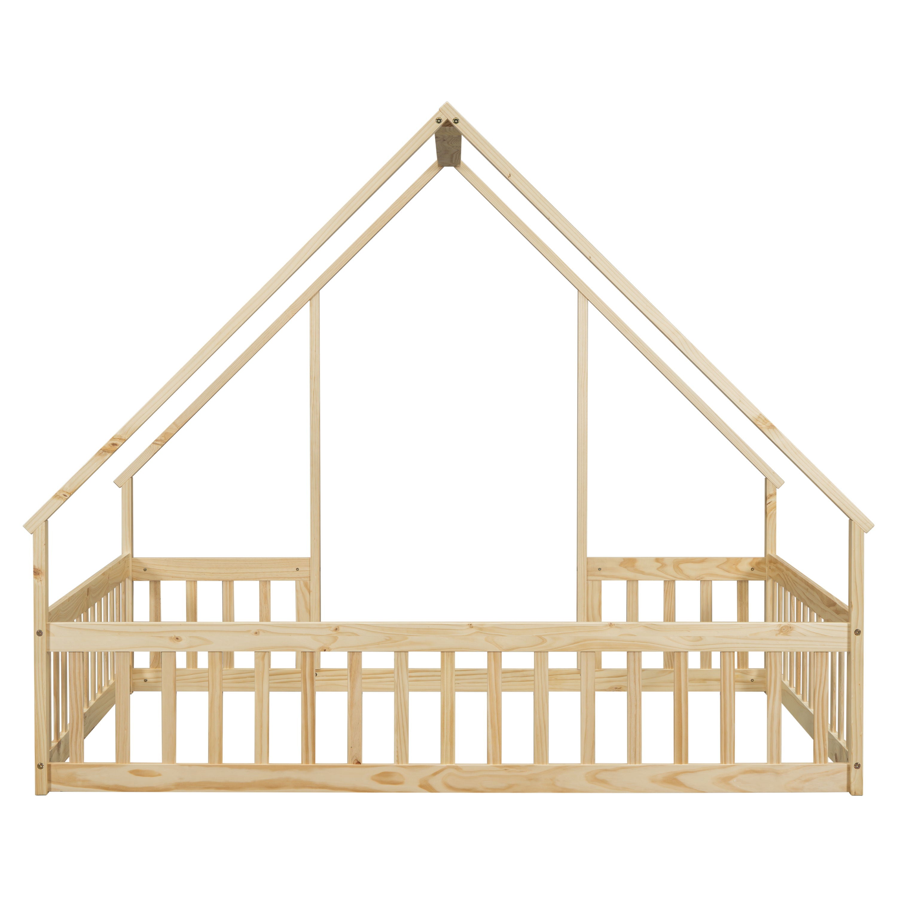 Wood House-Shaped Floor Bed With Fence, Guardrails