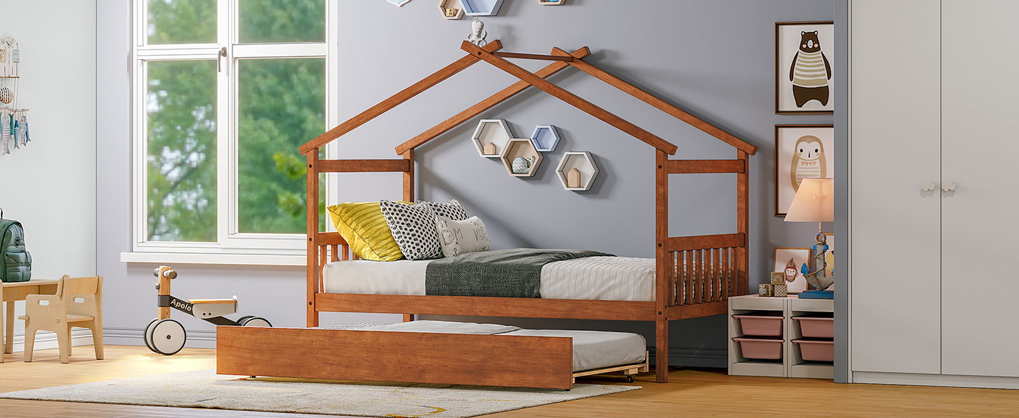 Wooden House Bed With Twin Size Trundle