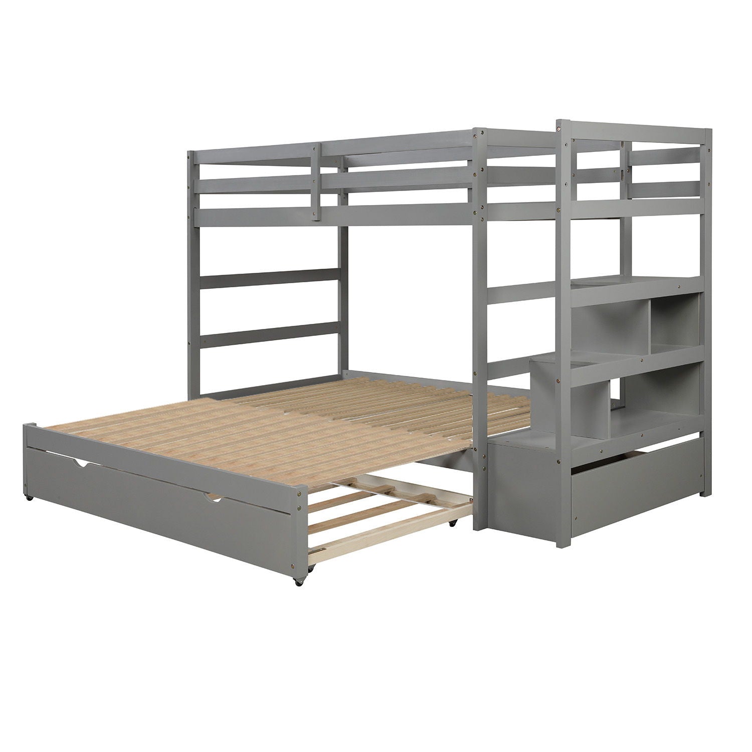 Twin Over Twin / King (Irregular King Size) Bunk Bed With Twin Size Trundle, Extendable Bunk Bed - Gray