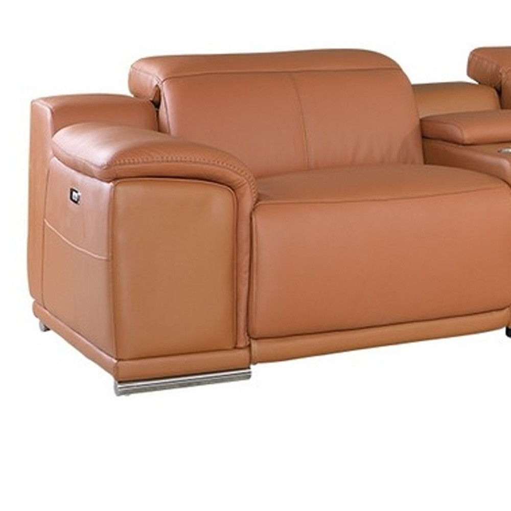 Italian Leather Power Reclining U Shaped Seven Piece Corner Sectional With Console - Camel