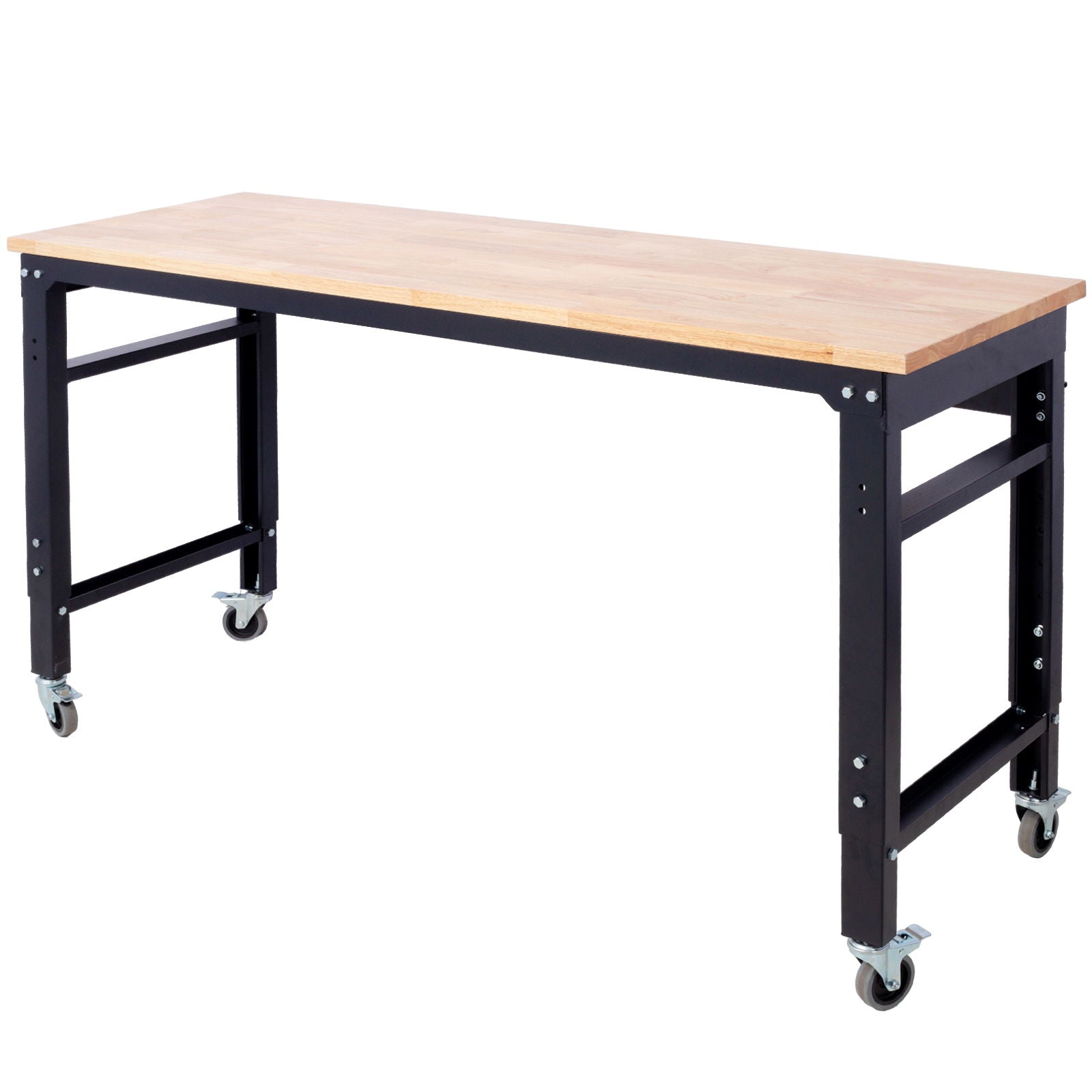 Wide Rolling Workbench For Garage, Adjustable Height, Workshop Tool Bench, Metal With Rubber Wood Top