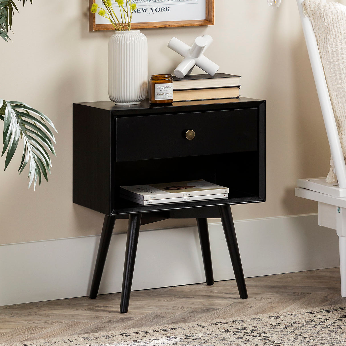 Mid-Century Modern Single Drawer Solid Wood Nightstand by Walker Edison | Bel Furniture