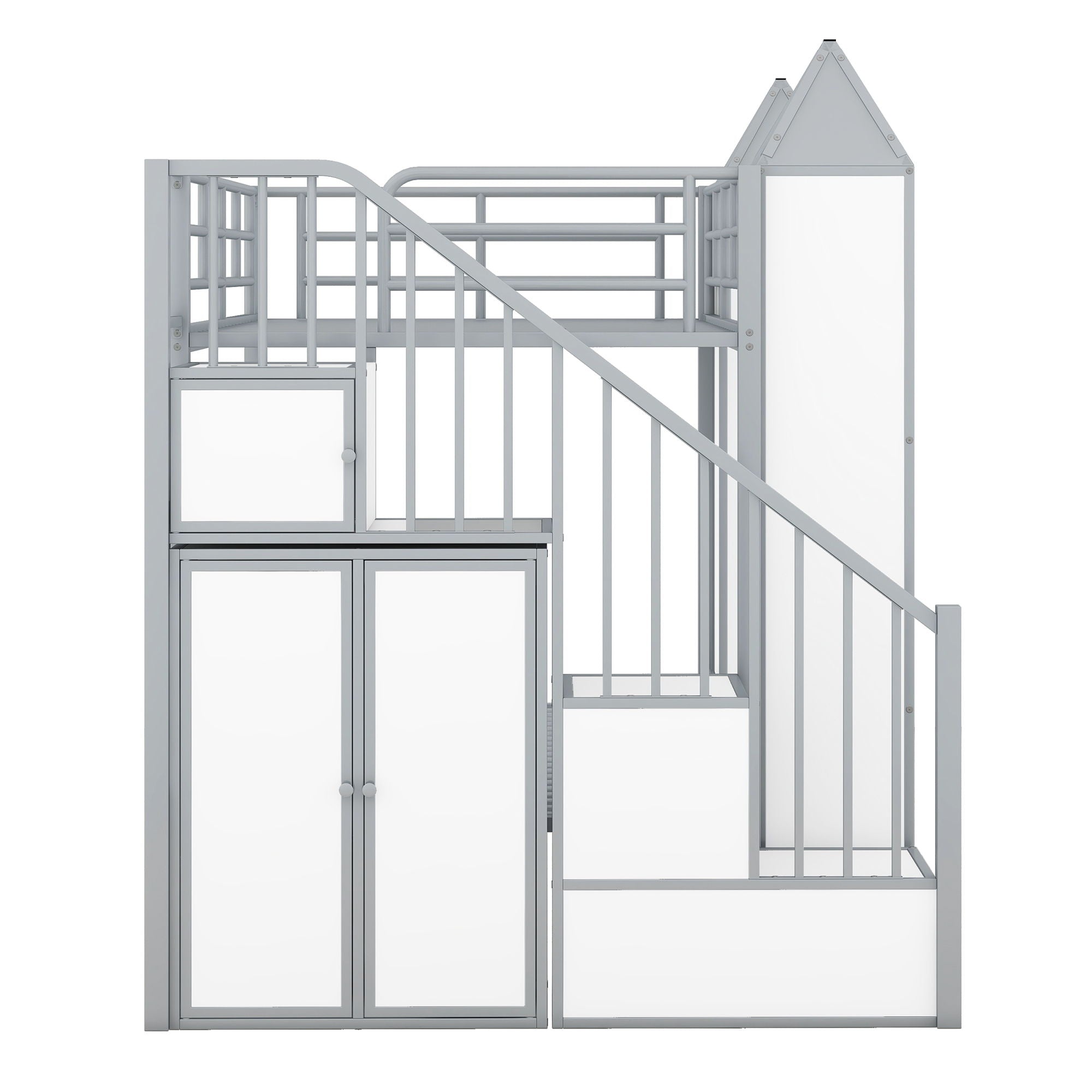 Metal Twin Over Twin Castle-Shaped Bunk Bed With Wardrobe And Multiple Storage - Gray / White