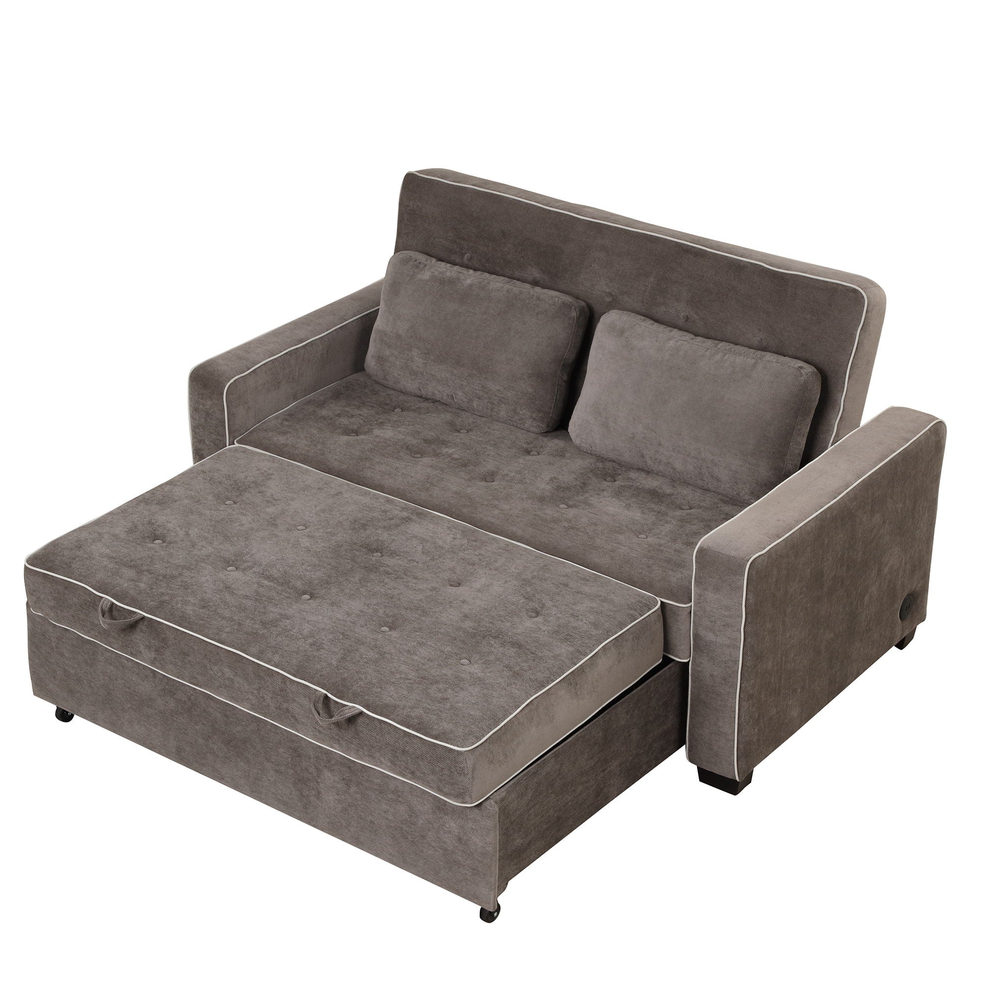 Upholstered Sleeper Bed, Pull Out Sofa Bed Couch Attached Two Throw Pillows, Dual USB Charging Port And Adjustable Backrest