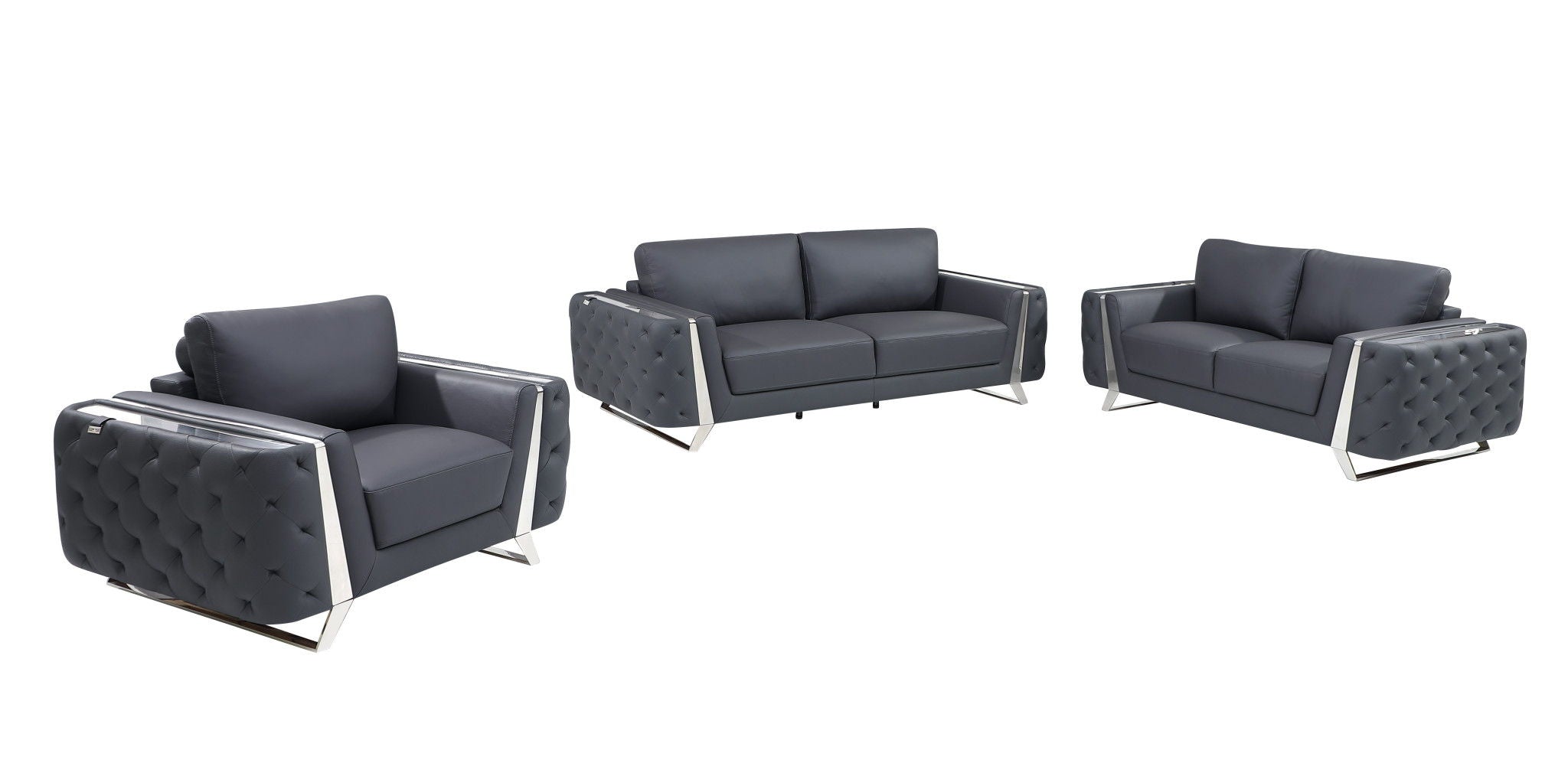 Three Piece Six Person Italian Leather Indoor Seating Set - Dark Gray