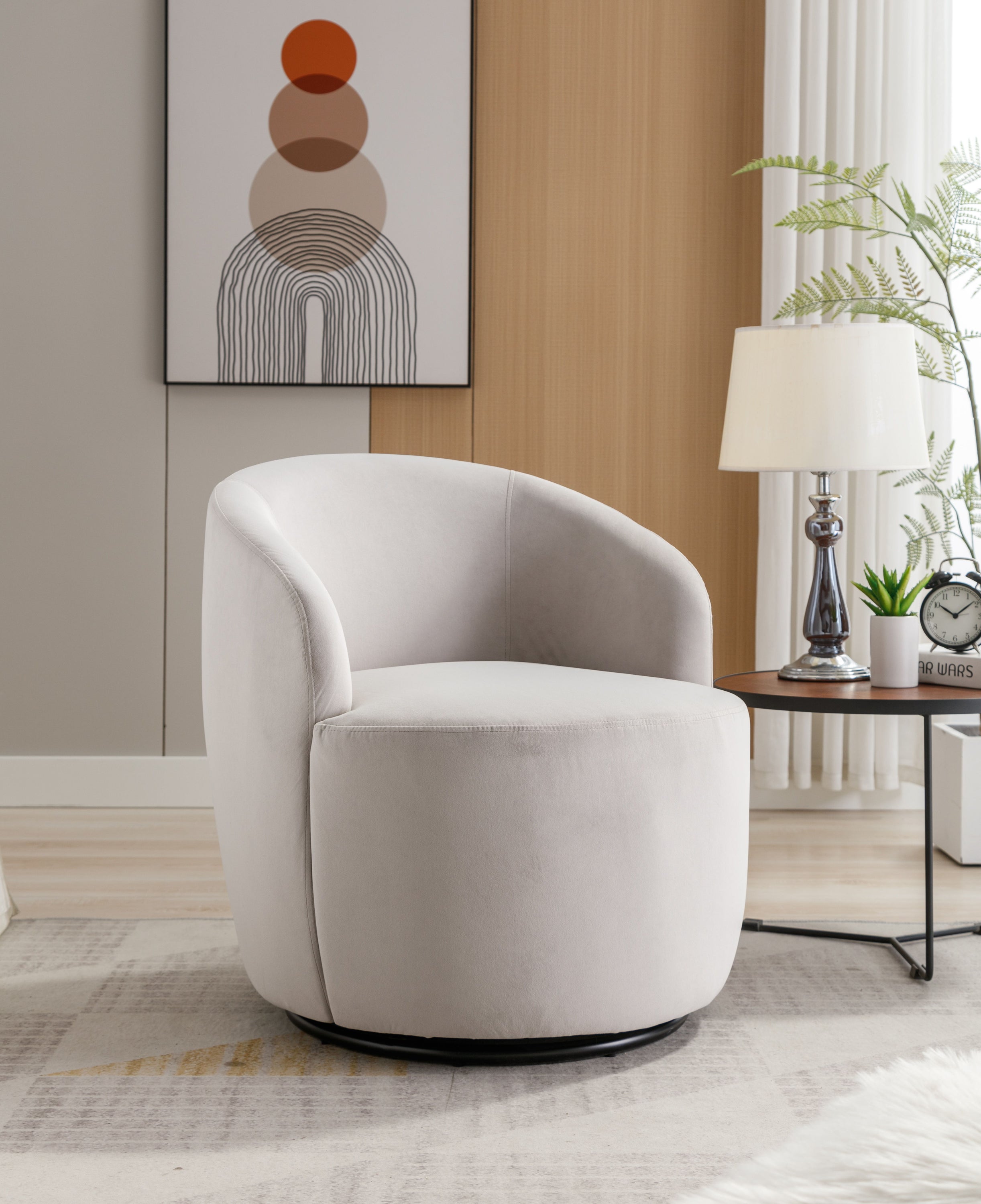 Velvet Fabric Swivel Accent Armchair Barrel Chair With Powder Coating Metal Ring