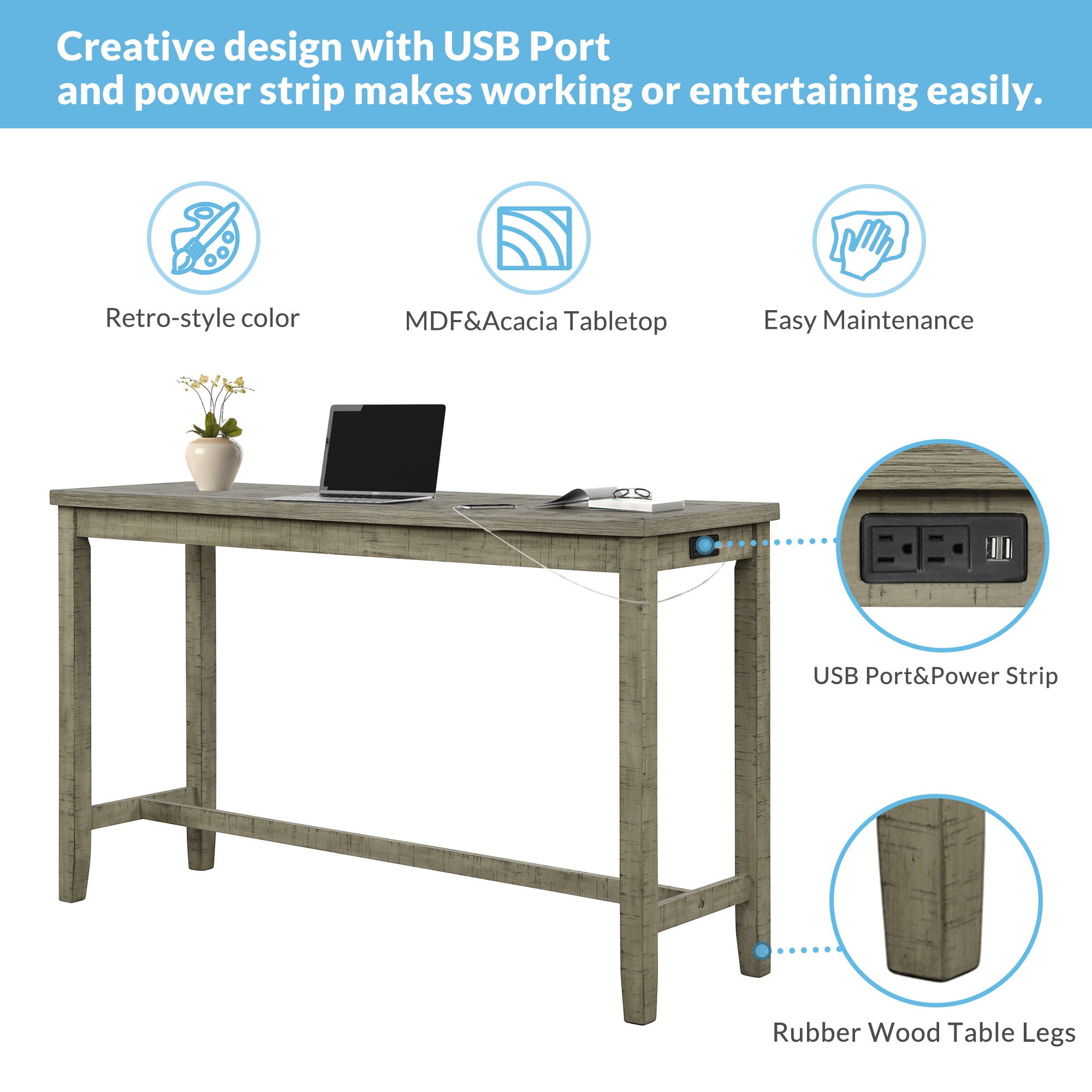 Topmax - 4 Pieces Counter Height Table With Fabric Padded Stools, Rustic Bar Dining Set With Socket