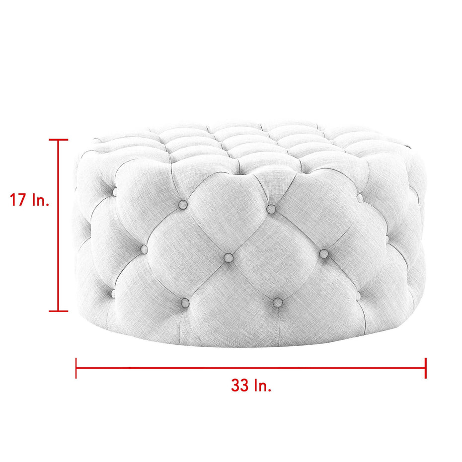 Linen Rolling Tufted Round Cocktail Ottoman - White