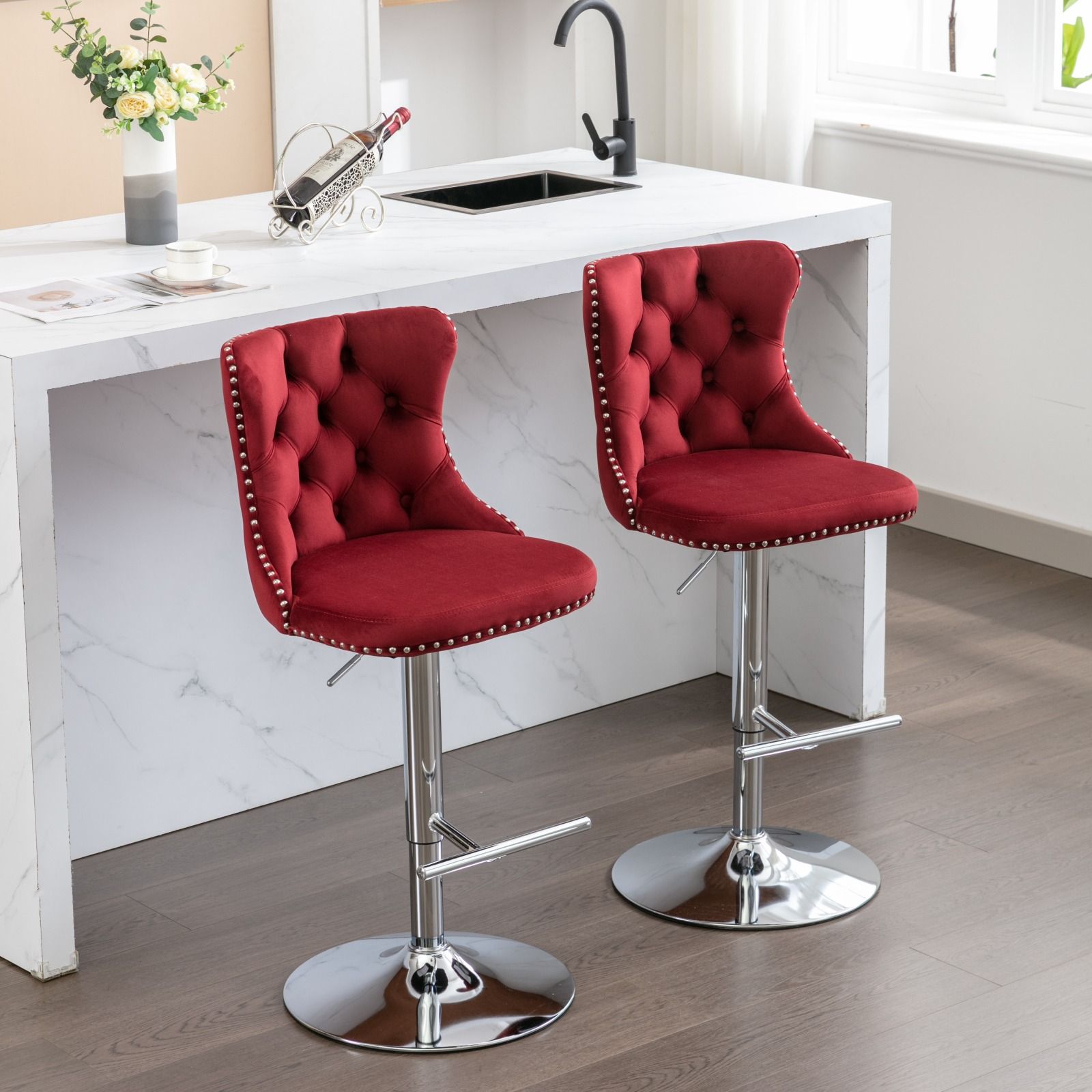 Swivel Velvet Barstools Adjusatble Seat Height From 25-33", Modern Upholstered Chrome Base Bar Stools With Backs Comfortable Tufted For Home Pub And Kitchen Island (Set of 2)