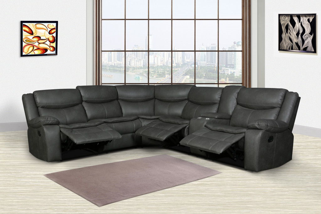 Polyester Blend Reclining U Shaped Three Piece Corner Sectional With Console - Gray