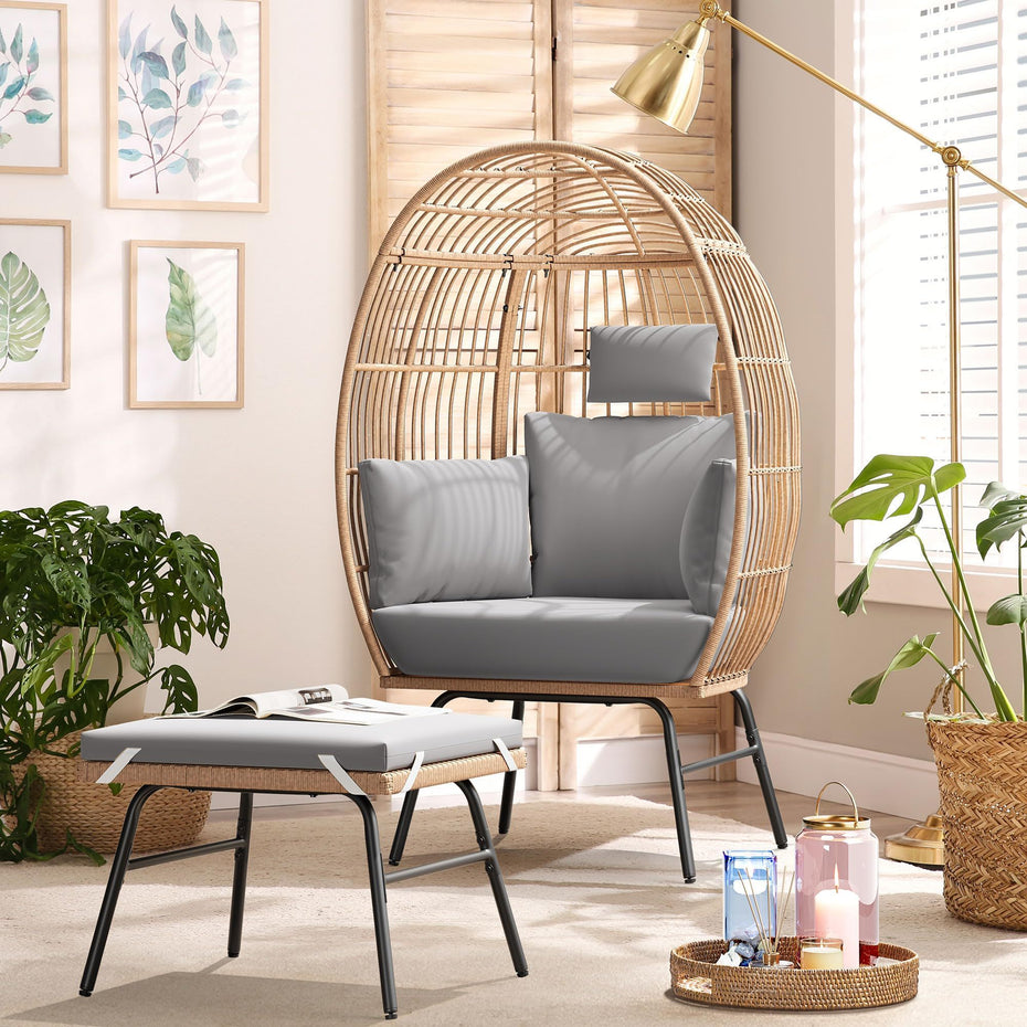 Outdoor Garden Wicker Egg Chair And Footstool Patio Chaise, With Cushions, Outdoor Indoor Basket Chair