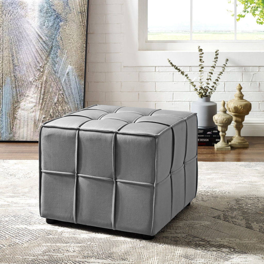 Velvet And Black Cube Ottoman - Light Gray