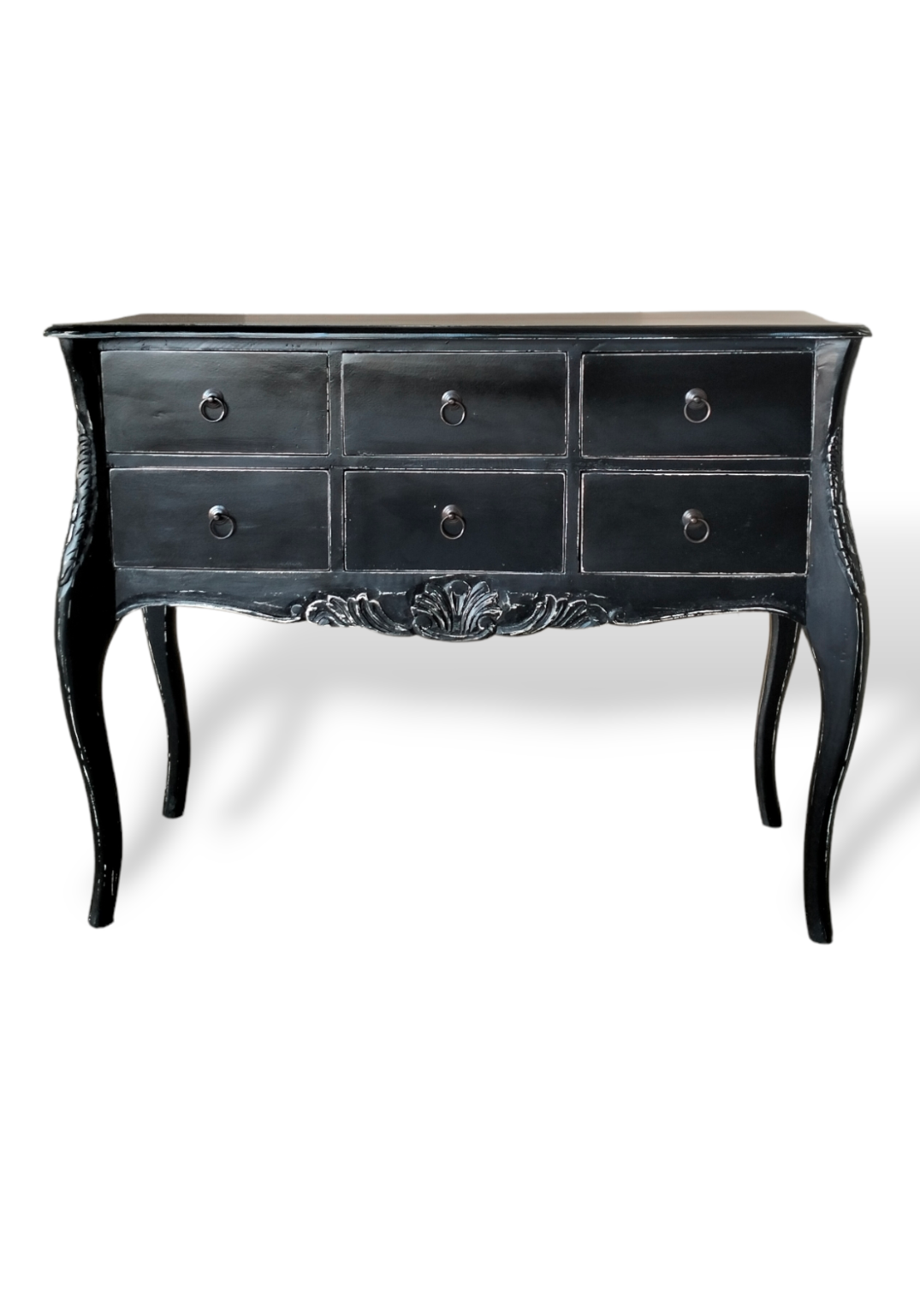 Antique Black Mahogany 6-Drawer Console Table with Carved Details & Cabriole Legs