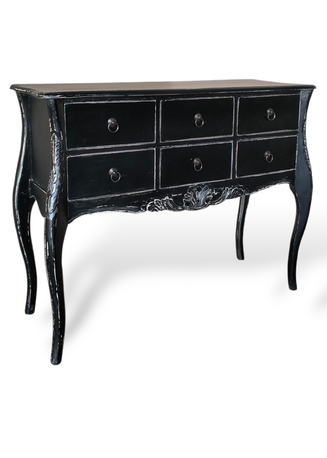 Antique Black Mahogany 6-Drawer Console Table with Carved Details & Cabriole Legs