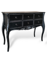 Antique Black Mahogany 6-Drawer Console Table with Carved Details & Cabriole Legs