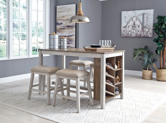 Skempton - Rectangular Counter Table With Storage Set White 5 Pc. - Rectangular Counter Table with Storage, 4 Upholstered Stools by Signature Design by Ashley® | Bel Furniture