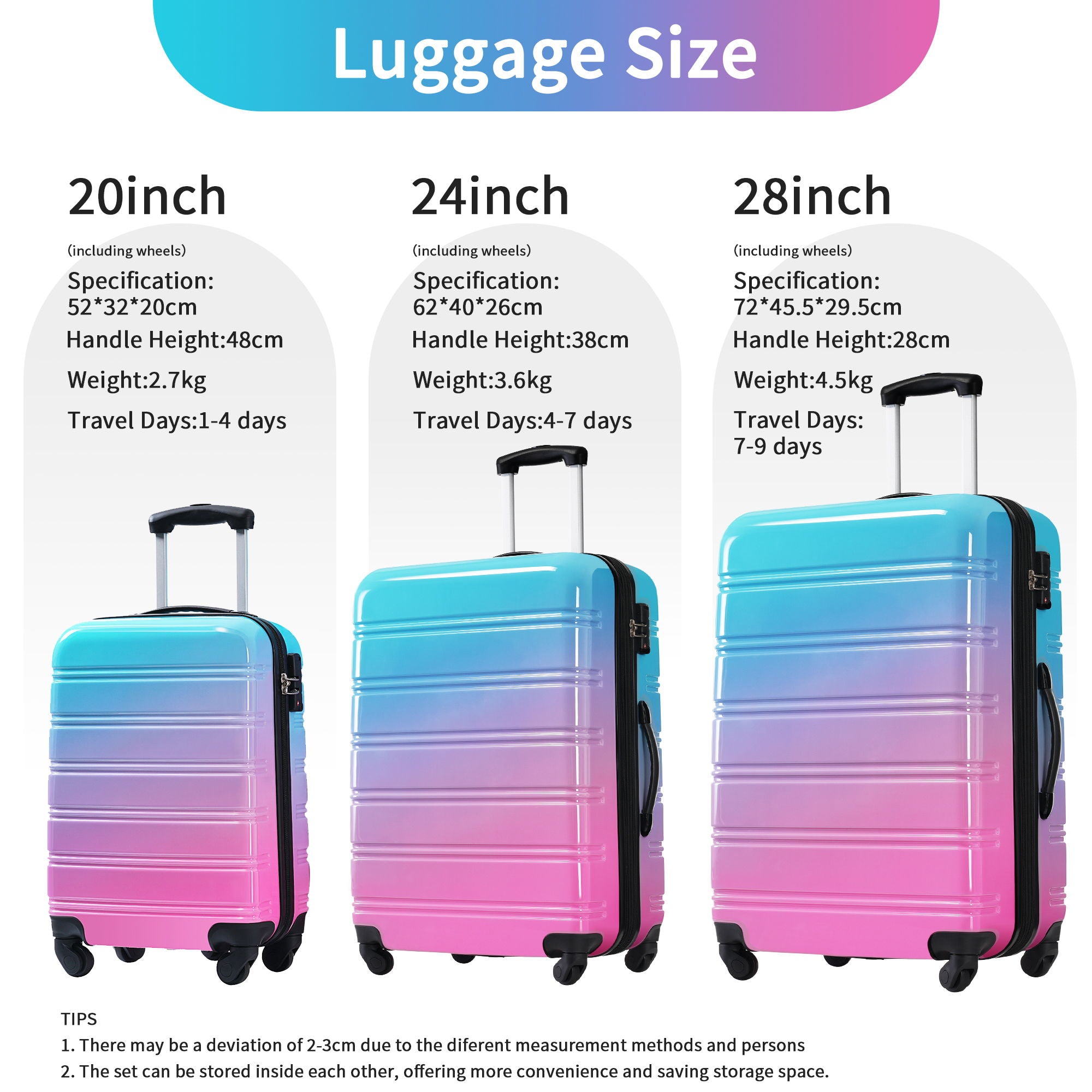 Hardshell Luggage Sets 3 Piece Gradient Color Expandable Suitcase With Spinner Wheels And Tsa Lock Lightweight 20" 24" 28" Available