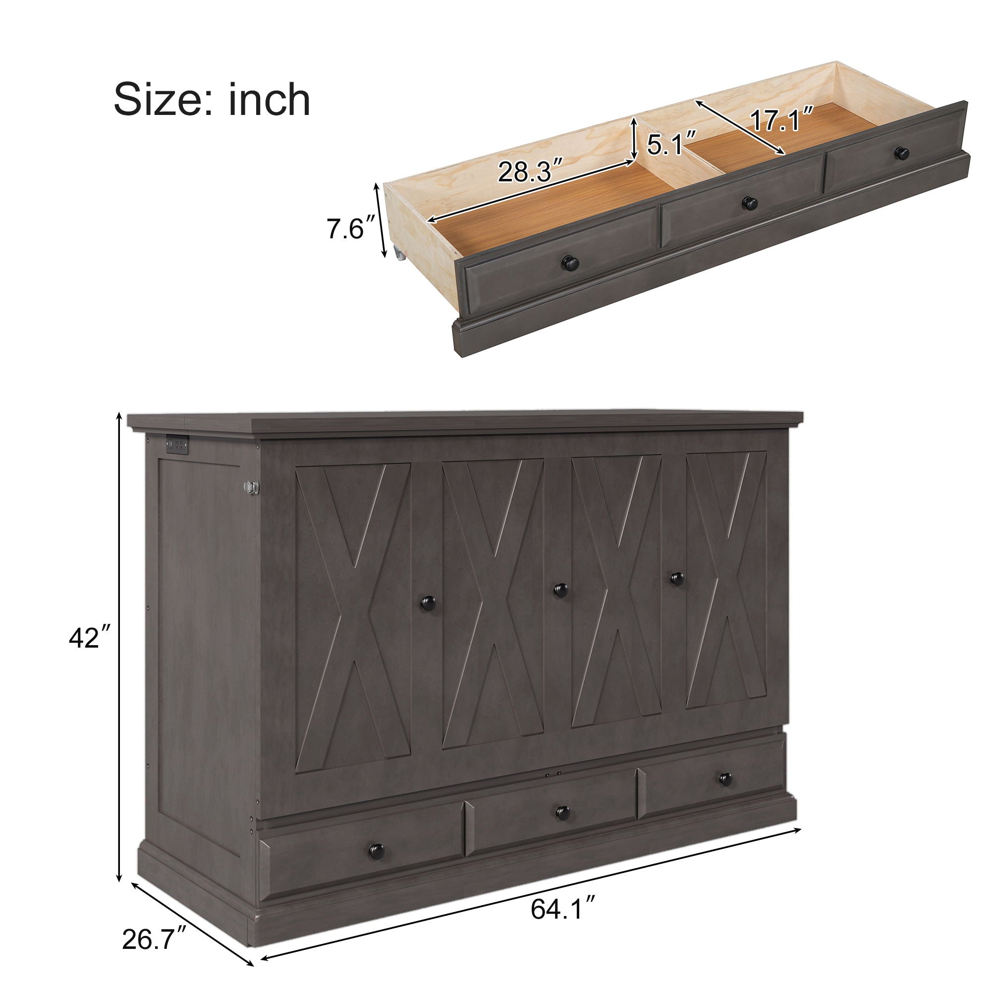 Solid Pine Murphy Bed Chest Cube Cabinet Bed With Charging Station And Large Storage Drawer For Home Office Or Small Room