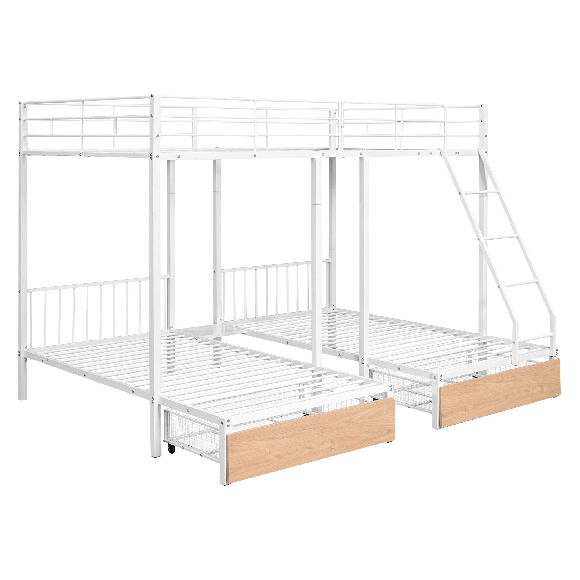 Bunk Bed, Metal Triple Bunk Bed With Drawers And Guardrails