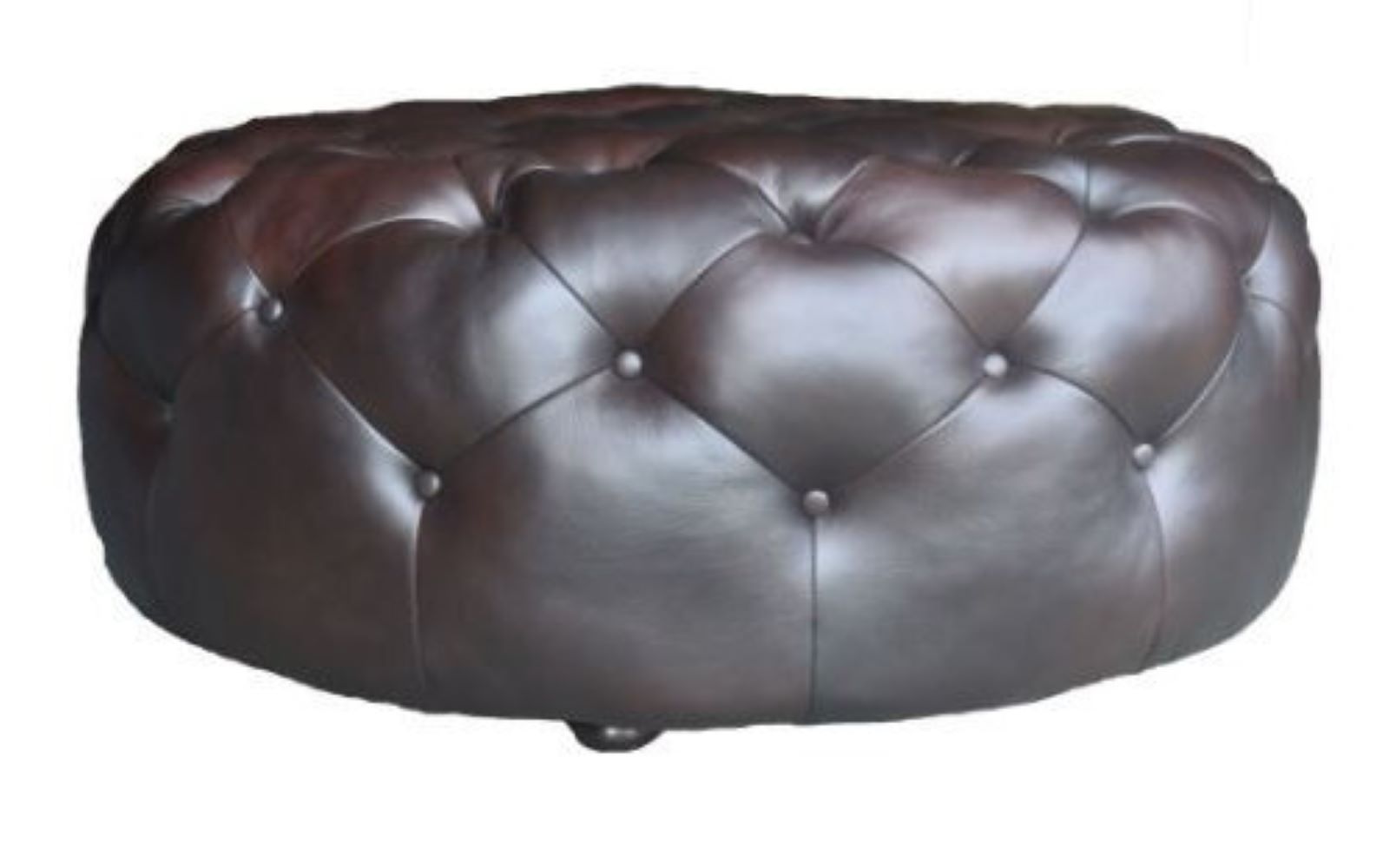 Genuine Leather And Dark Brown Tufted Round Ottoman - Brown