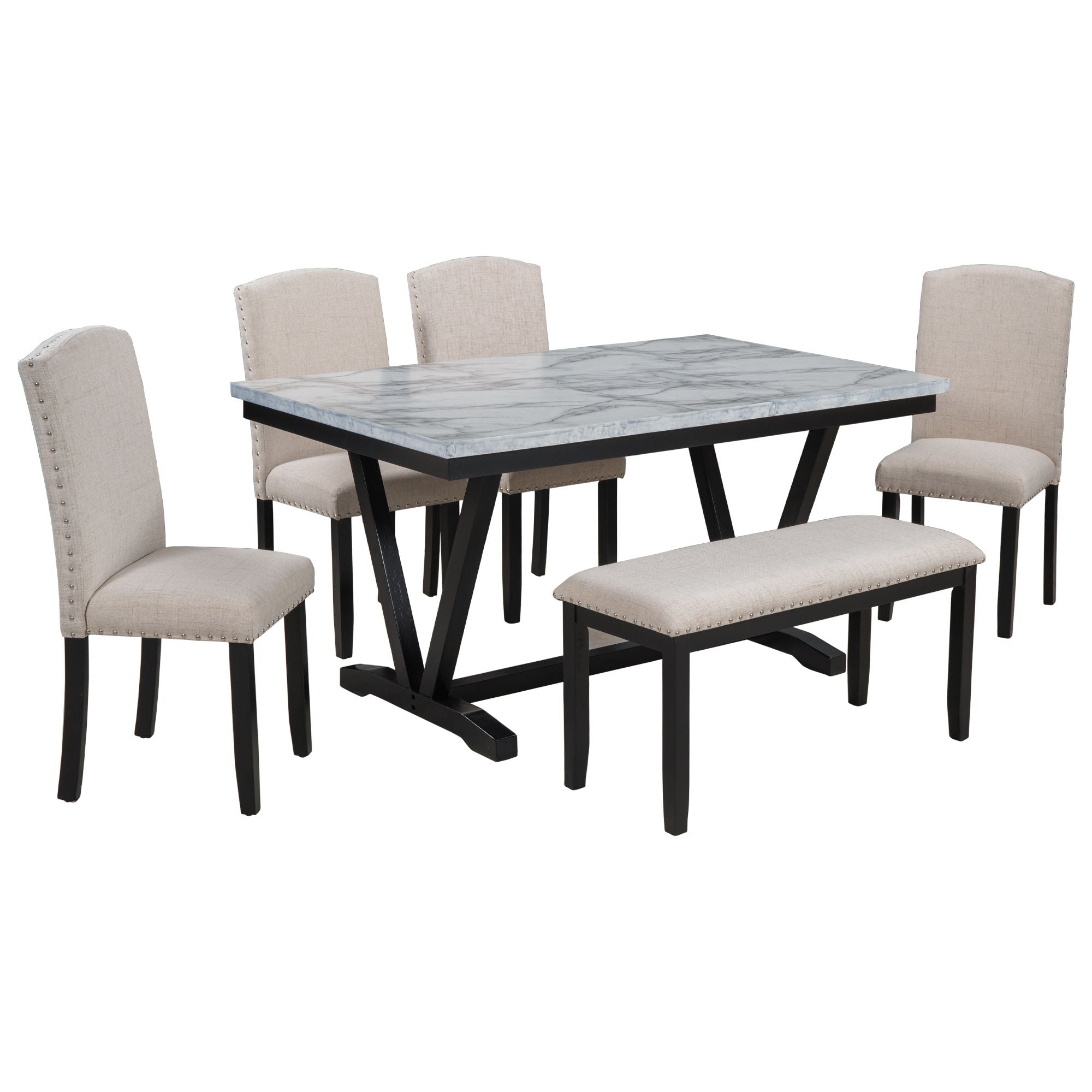 6 Piece Dining Table Modern Style With 4 Chairs & 1 Bench, Table With Marbled Veneers Tabletop And V-Shaped Table Legs - White