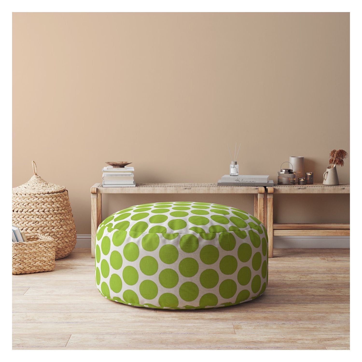 Cotton Round Polka Dots Pouf Ottoman - Green / White