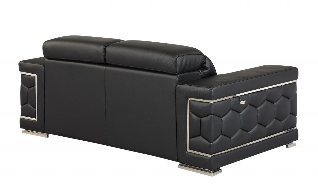 Genuine Leather Love Seat - Black / Silver