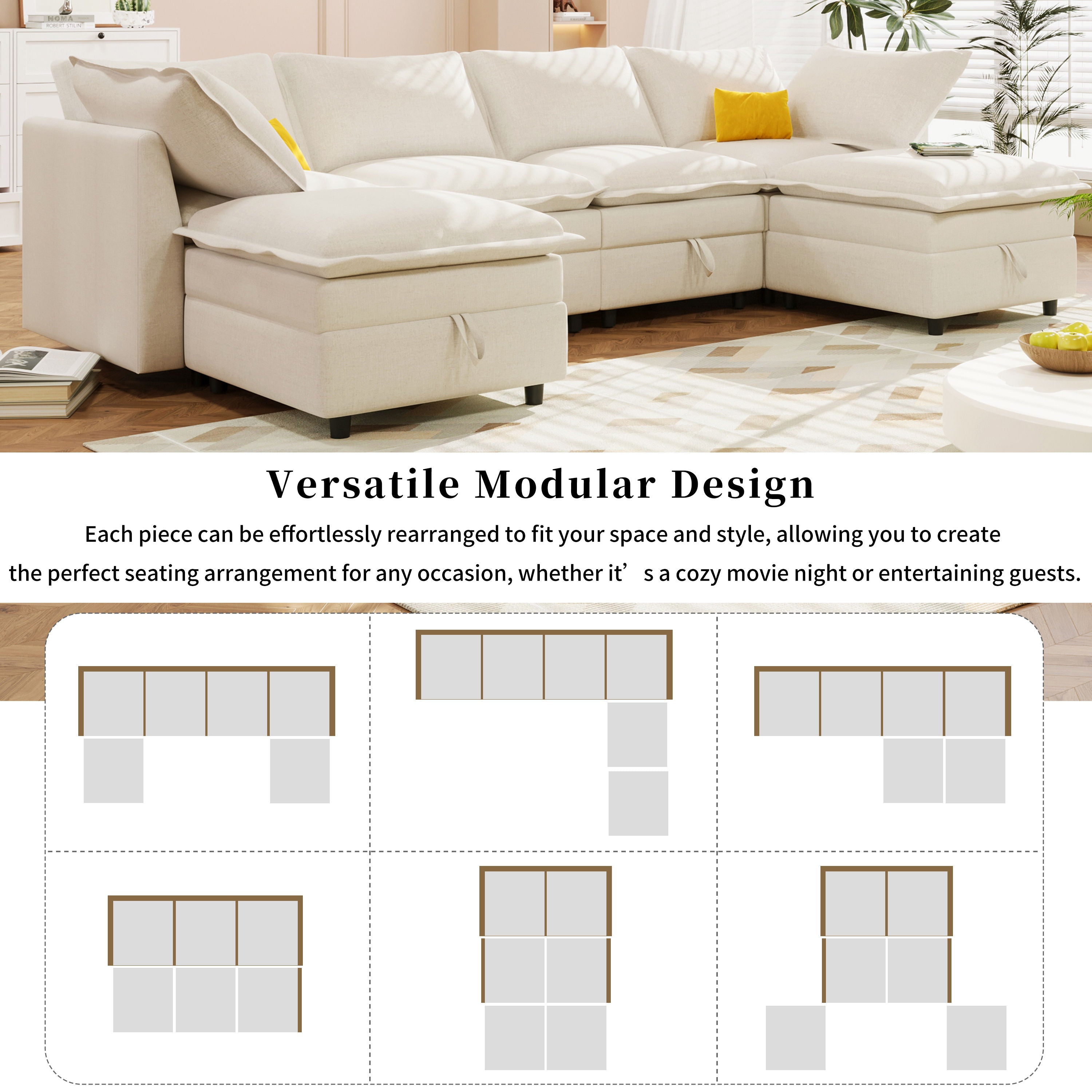 Versatile 6 Piece Modular Sofa Bed With Storage, Stylish Faux Double Layer Cushions, Comfortable & Durable Design, Perfect For Any Living Space