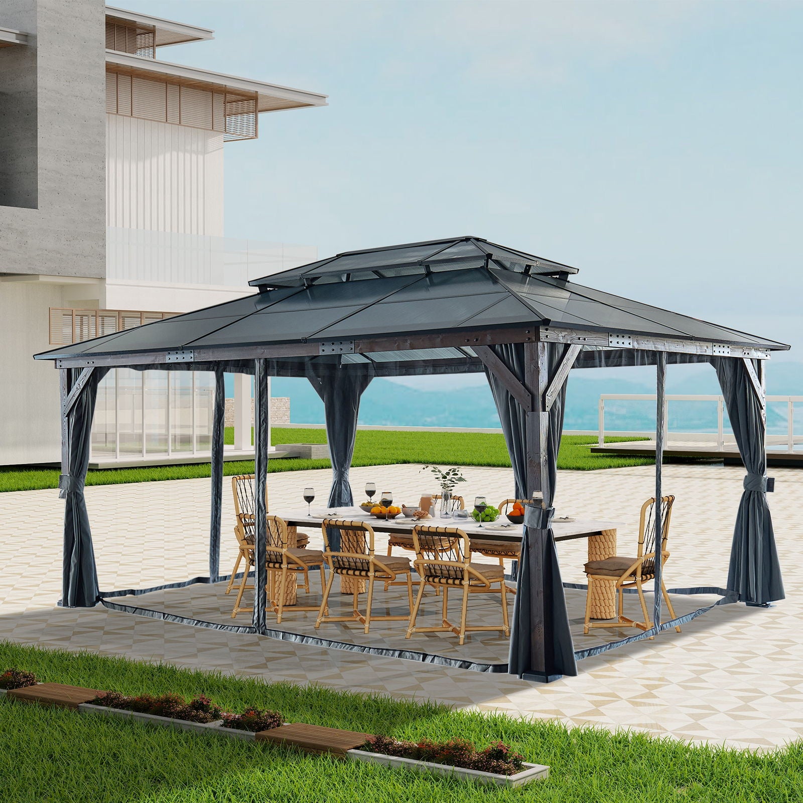 Hardtop Gazebo For Patios, Outdoor Framed Gazebo With Polycarbonate Double Roof Canopy, Solid Framed Gazebo With Privacy Curtains And Mosquito Nettings For Garden, Backyard