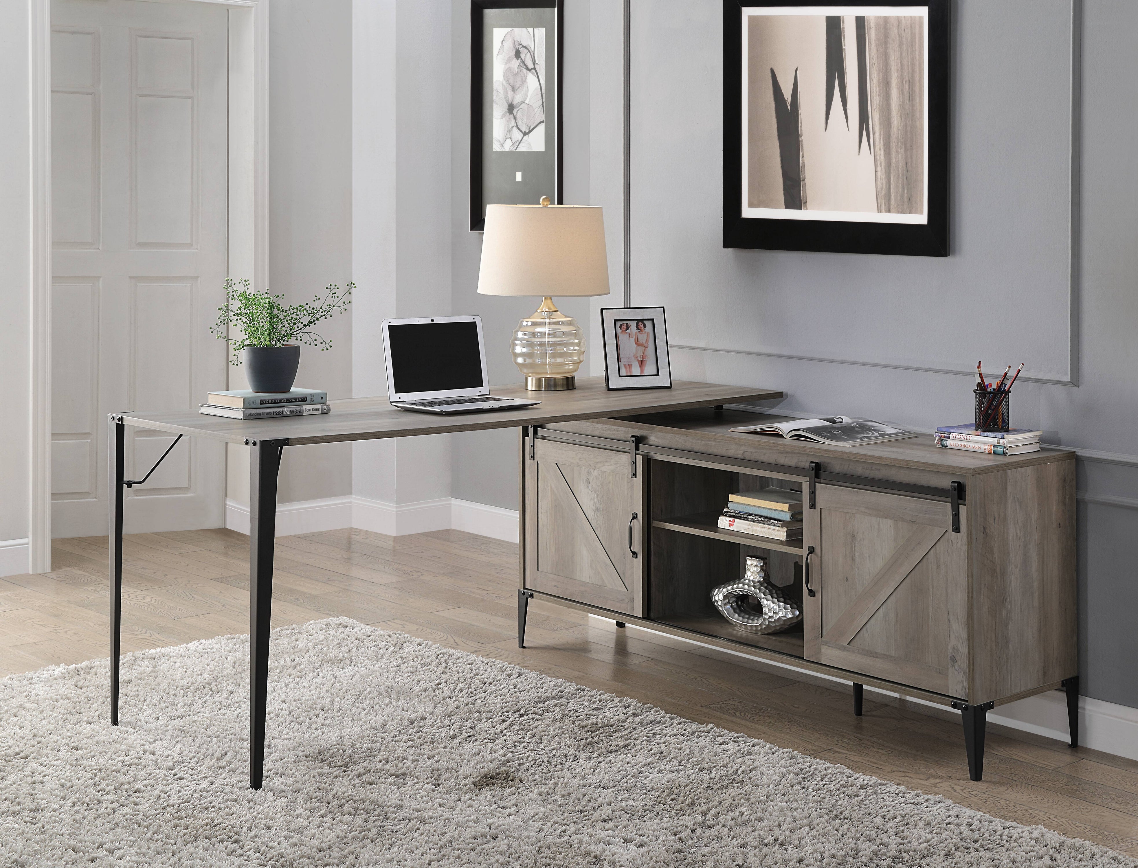 Zakawani - Writing Desk With A Cabinet - Gray Oak / Black