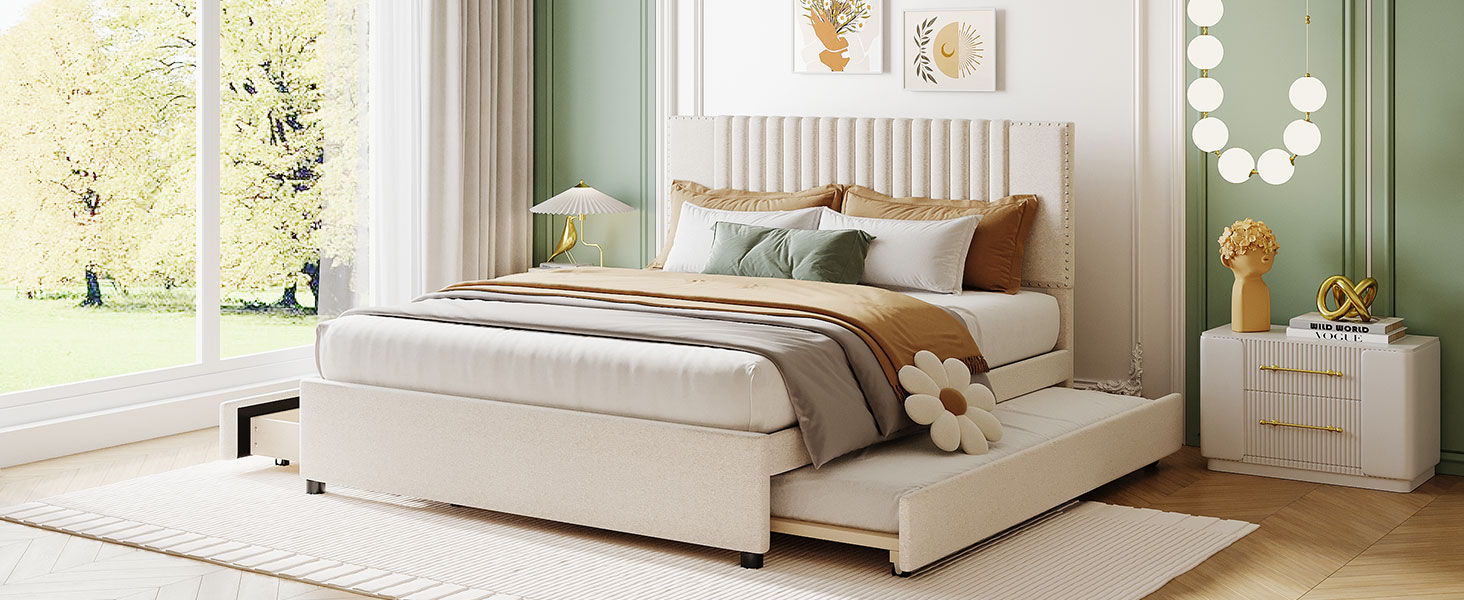 Upholstered Platform Bed With 2 Drawers And 1 Trundle, Classic Headboard Design