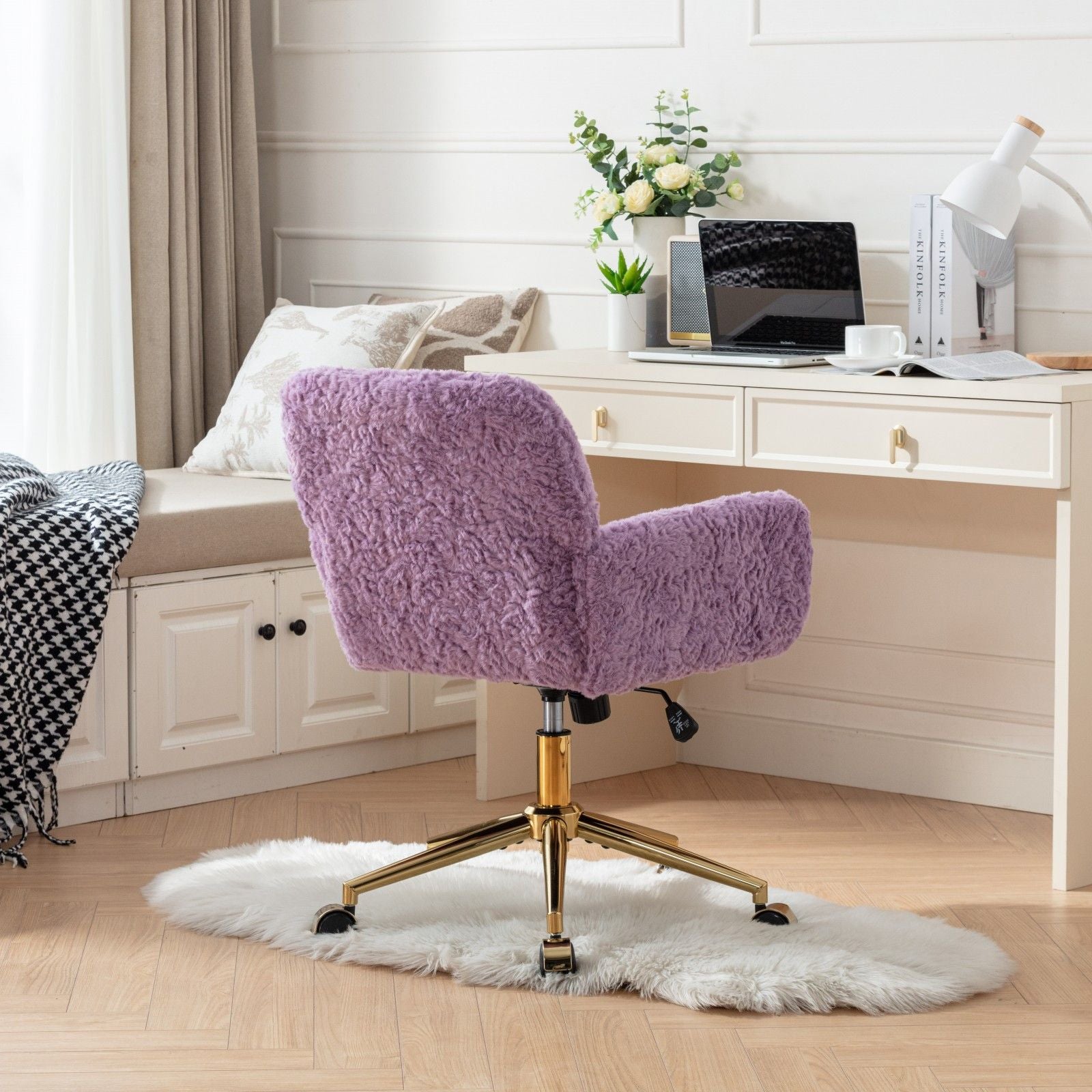 Office Chair, Artificial Rabbit Hair Home Office Chair With Golden Metal Base, Adjustable Desk Chair Swivel Office Chair, Vanity Chair