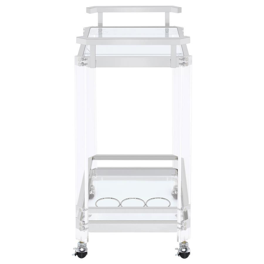 Jefferson - 2-Tier Glass Shelf Acrylic Bar Cart - Chrome by CoasterEssence | Bel Furniture