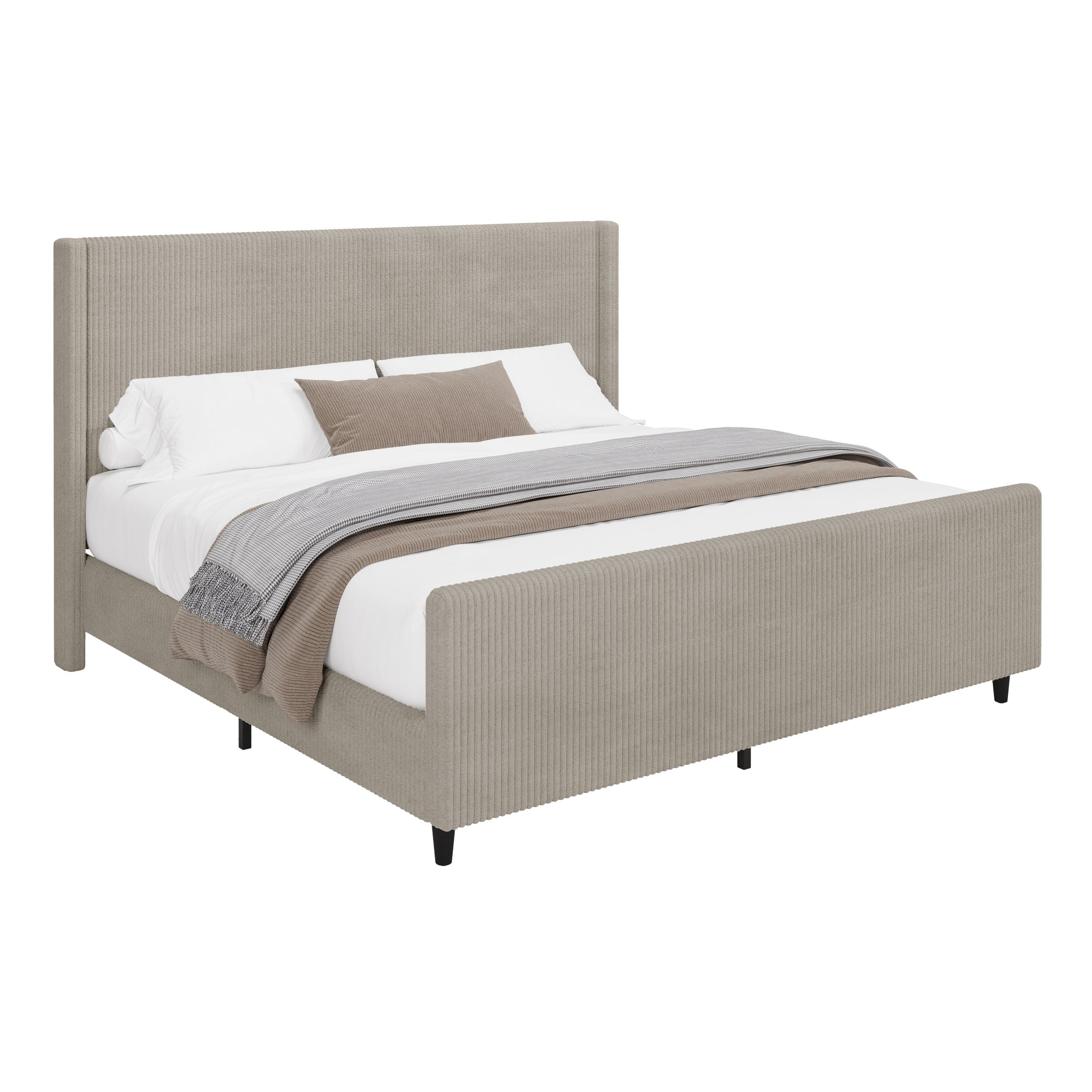 Corduroy Upholstered Bed Frame With Vertical Stripe Wingback And High Footboard No Box Spring Needed