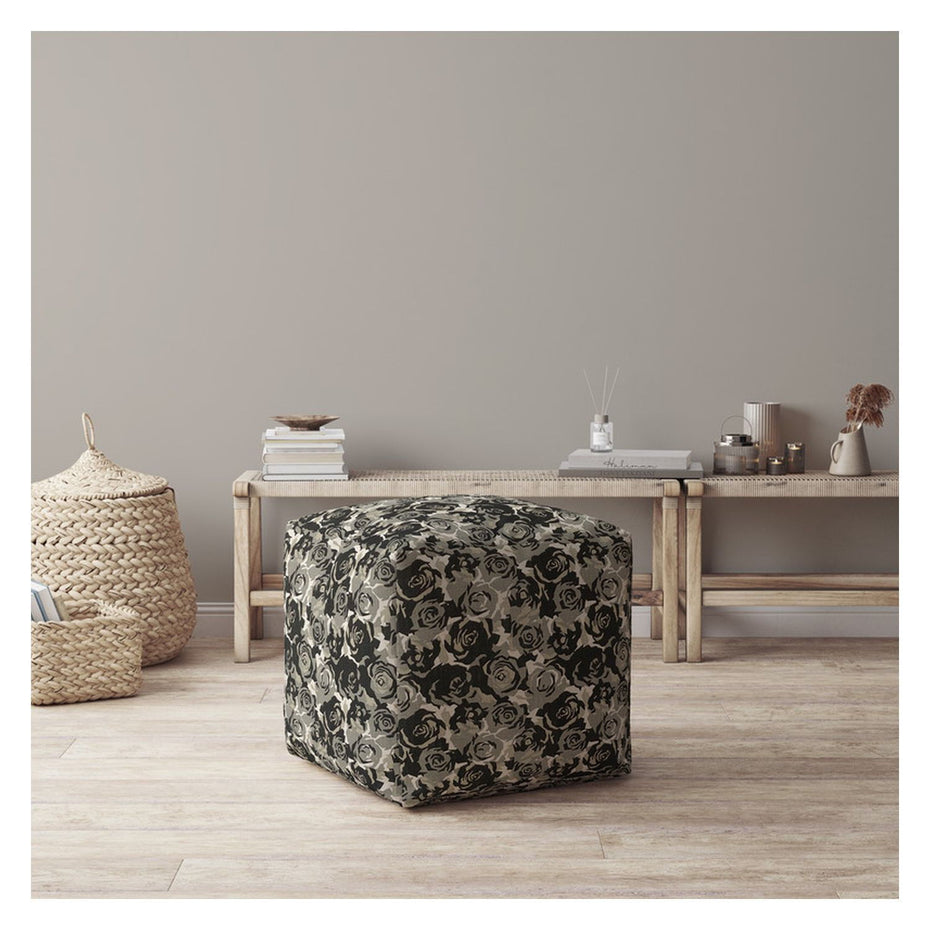 Canvas Floral Pouf Ottoman - Beige