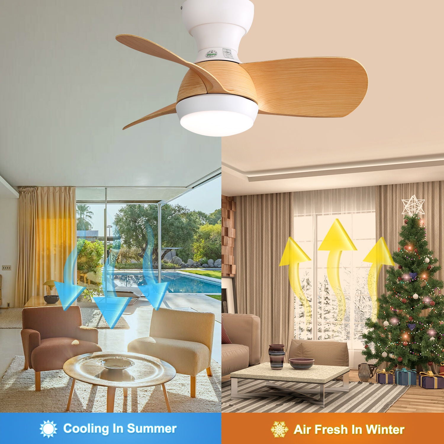 23" Bedroom Ceiling Fan With 3 Color Dimmable 3 ABS Blades Remote Control Dc Motor Black With 18W Led Light