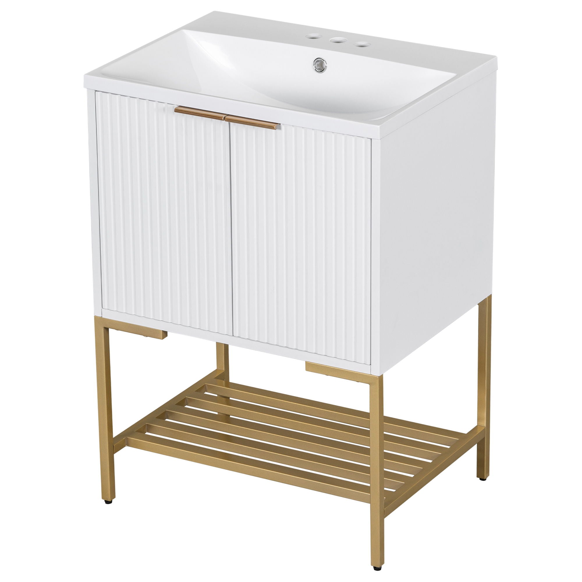 Bathroom Vanity With Sink, Bathroom Vanity Cabinet With Two Doors And Metal Frame, Open Storage Shelf - White / Gold