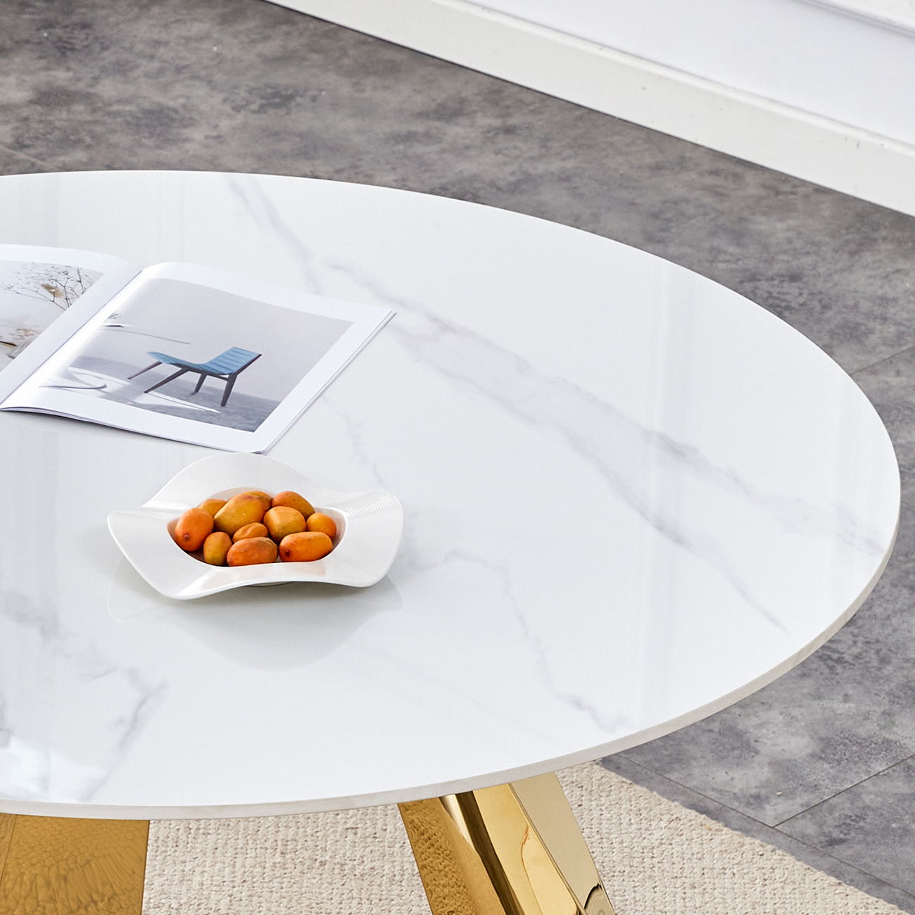 Marble Grained Stone Round Table Three - Legged Round Table With Stainless Steel Plated Legs Natural Healthy And Environmentally Friendly Round Table