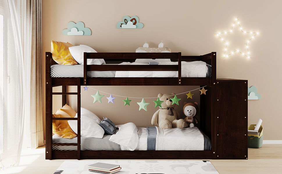 Twin Over Twin Bunk Bed With 4 Drawers And 3 Shelves