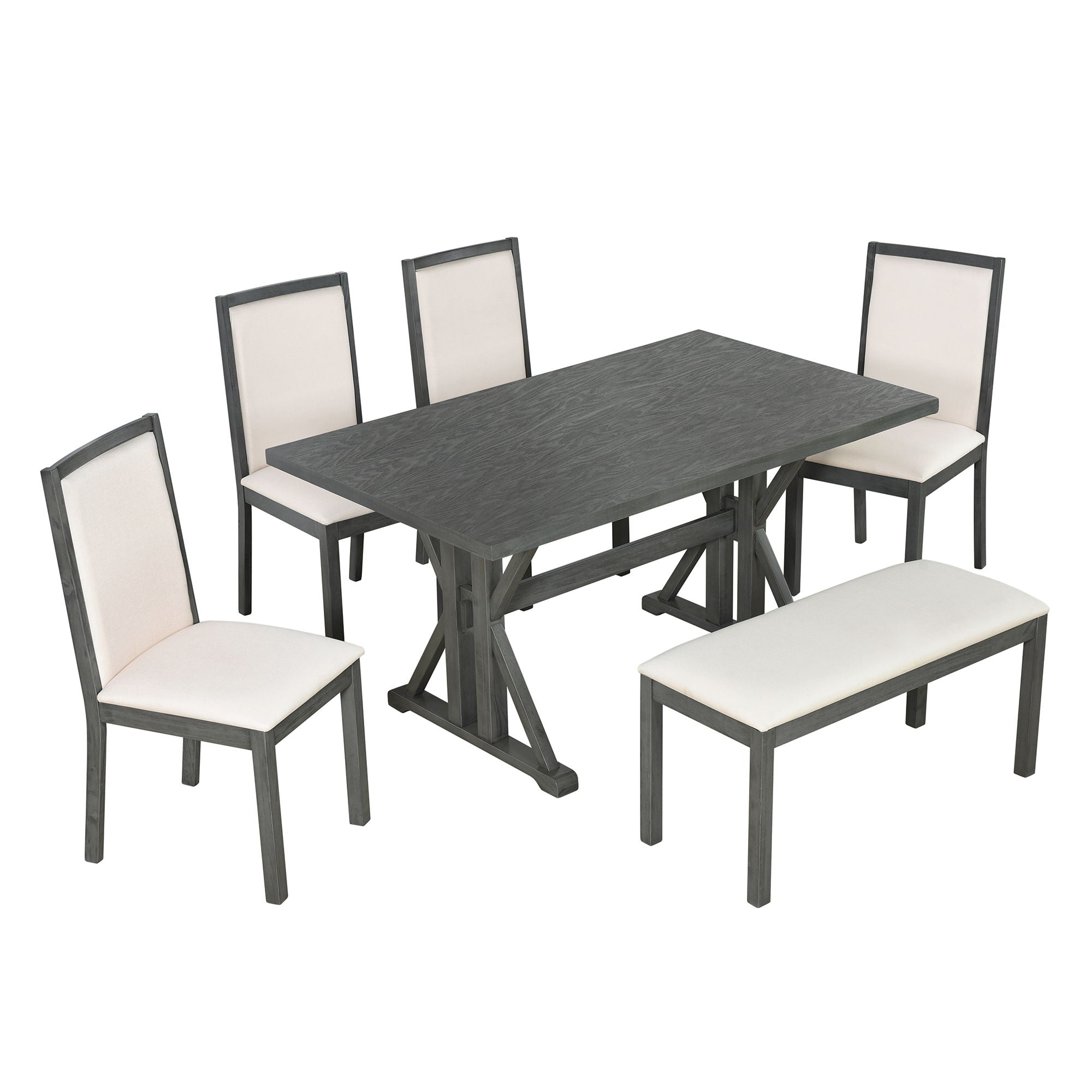 Topmax - 6 Piece Farmhouse Classical Dining Table Set With Trestle Legs, Kitchen Table Set For 6 With 4 Upholstered Dining Chairs And Bench