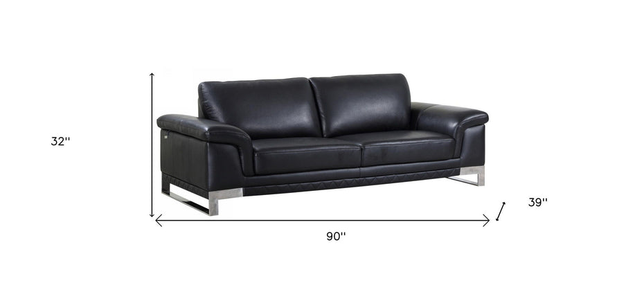 With Silver Legs Italian Leather Sofa - Black