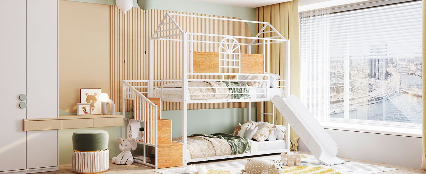 Metal Bunk Bed, Metal Housebed With Slide And Storage Stair